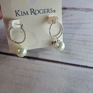 Kim Rogers Silver Tone and Faux Pearl Hoop Earrings